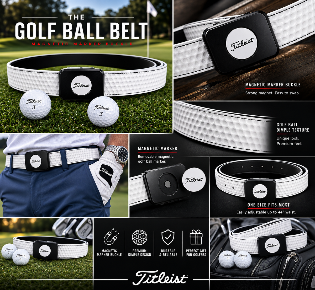 Golf Ball Dimple Belt with Titleist Ball Marker (Fully Adjustable)