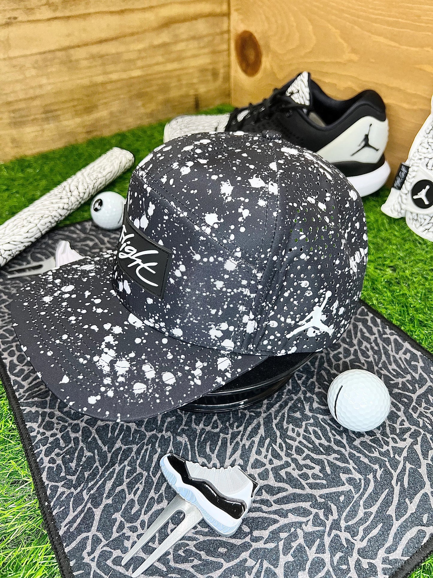 Air Jordan Hat Black Splatter Print Snap back by Flight Golf