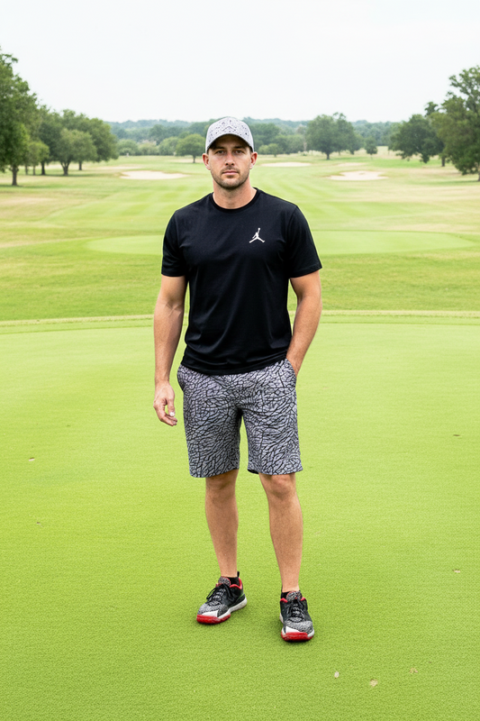 Air Jordan Grey Elephant print golf shorts by Flight Golf